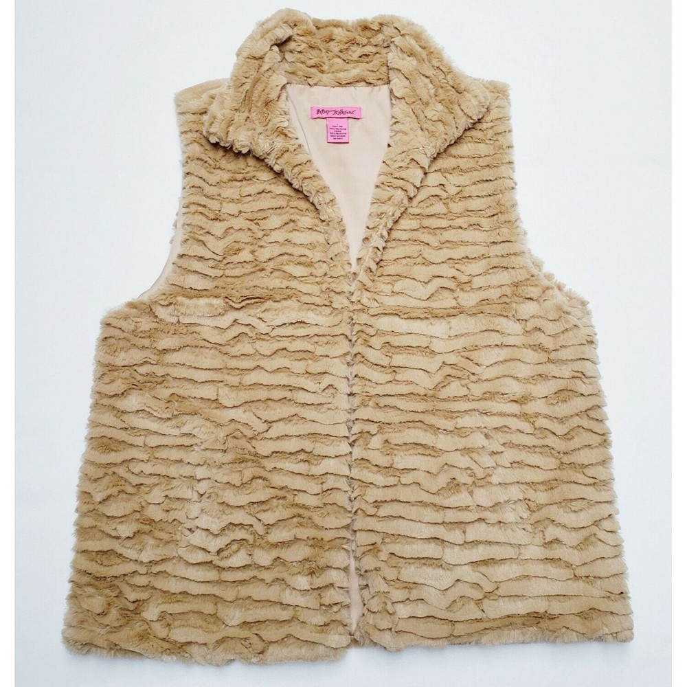 Betsey Johnson Faux Fur Vest Womens Large Tan Soft Sleeveless Boho Satin Lined